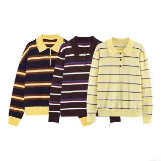 Women Striped Polo Collar Knit Sweater Casual Long Sleeve Colorblock Pullover Top For Daily Streetwear European Style Soft Knitwear