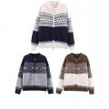 Women's Nordic Fair Isle Knit Zipper Cardigan Sweater Round Neck Long Sleeve Loose Plush Mohair Like Geometric Pattern Warm Autumn Winter Jacket