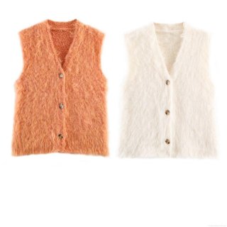 Women's V-Neck Sleeveless Knit Vest Cardigan Polyester Plush Mohair Style Solid Color Single Breasted Waistcoat For Autumn Winter Daily Wear