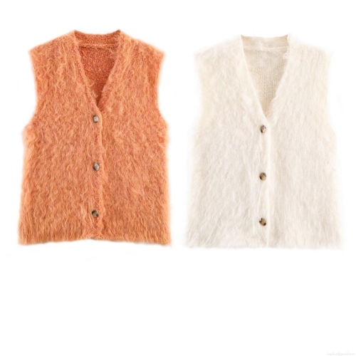Women's V-Neck Sleeveless Knit Vest Cardigan Polyester Plush Mohair Style Solid Color Single Breasted Waistcoat For Autumn Winter Daily Wear