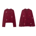 Women Wine Red Knit Sweater Cardigan Beaded Animal Horse Pattern Sequin Pullover And V Neck Button Outerwear Loose Autumn Winter Streetwear Cozy Knitwear