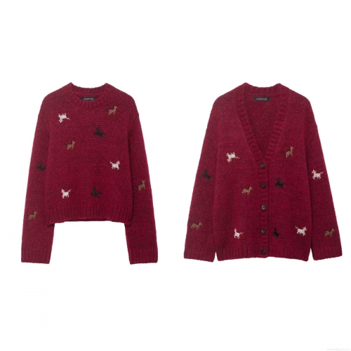 Women Wine Red Knit Sweater Cardigan Beaded Animal Horse Pattern Sequin Pullover And V Neck Button Outerwear Loose Autumn Winter Streetwear Cozy Knitwear