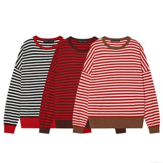 Women's Loose Striped Knit Sweater Casual Long Sleeve Round Neck Pullover Jumper Polyester Contrast Color Streetwear Autumn Winter Knitwear Top