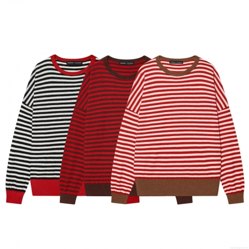 Women's Loose Striped Knit Sweater Casual Long Sleeve Round Neck Pullover Jumper Polyester Contrast Color Streetwear Autumn Winter Knitwear Top