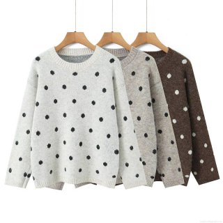 Women's Polka Dot Knit Sweater Round Neck Long Sleeve Loose Pullover Casual Streetwear Fall Winter Jumper Tops For Ladies