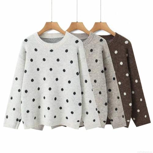 Women's Polka Dot Knit Sweater Round Neck Long Sleeve Loose Pullover Casual Streetwear Fall Winter Jumper Tops For Ladies