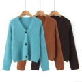 Women's V-Neck Knit Cardigan Sweater Faux Mohair Plush Single Breasted Long Sleeve Crop Top Casual Western Style Solid Color Warm Outerwear