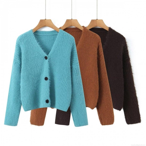 Women's V-Neck Knit Cardigan Sweater Faux Mohair Plush Single Breasted Long Sleeve Crop Top Casual Western Style Solid Color Warm Outerwear