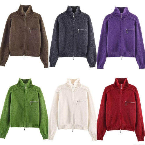 Women Fashion Mock Neck Knit Jacket Double Way Full Zip Cardigan With Decorative Chest Pocket Ribbed Hem Cuffs Solid Color Polyester Outerwear For Women