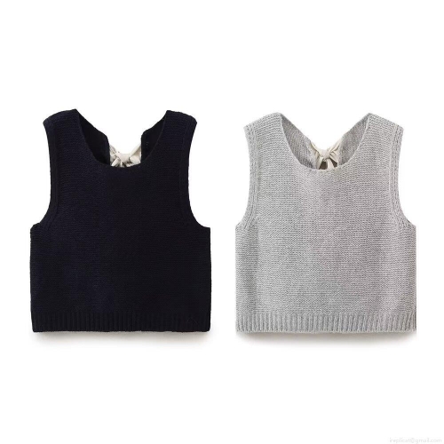 Women's Street Style Knitted Vest U-Neck Solid Color Polyester Knit Sweater Vest With Back Tie Bow Decor Sleeveless Autumn Top For Women