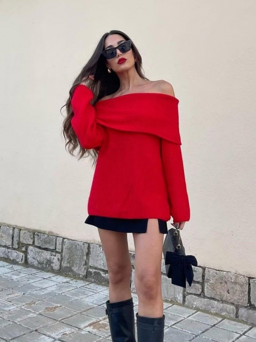 Women Sexy Off Shoulder Knit Sweater Dress Ribbed 100% Polyester Slim Fit Long Sleeve Pullover Tops For Party Casual Streetwear