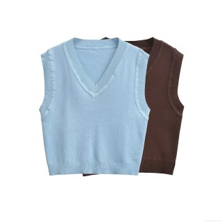 Women's V-Neck Knit Vest Sleeveless Pullover Sweater Waistcoat Casual Solid Color Side Slit Ribbed Trim Knitwear Top