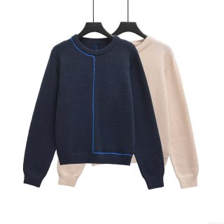 Women's Casual Knitted Sweater Round Neck Long Sleeve Pullover With Contrast Line Decoration Modern Street Style Polyester Knitwear Top For Autumn Winter
