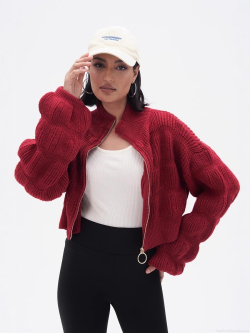 Women's Chunky Knit Polyester Zipper Cardigan Sweater Lantern Sleeve Mock Neck Crop Top Solid Color Streetwear Knitwear Outerwear