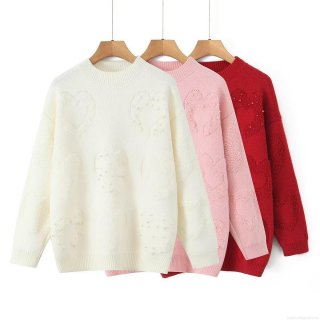 Women's Beaded Heart Jacquard Pullover Sweater 3D Heart Knit Jumper With Pearls Casual Round Neck Long Sleeve Top For Valentine's Day Party Dating