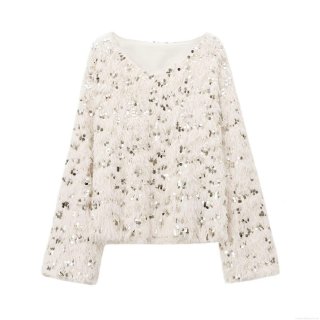 Women's Loose Round Neck Knit Sweater With Silver Sequins And Faux Feather Fringe Long Sleeve Plush Pullover Elegant Winter Party Streetwear Top