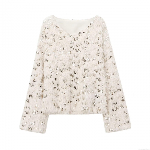 Women's Loose Round Neck Knit Sweater With Silver Sequins And Faux Feather Fringe Long Sleeve Plush Pullover Elegant Winter Party Streetwear Top