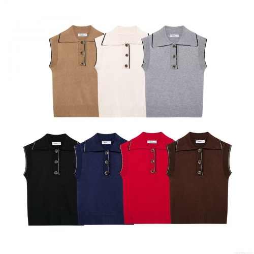 Women's Retro Knit Waistcoat Polo Collar Sleeveless Vest With Contrast Trim Buttons Casual Chic Knitted Sweater Tank Top For Women Spring Autumn Clothing