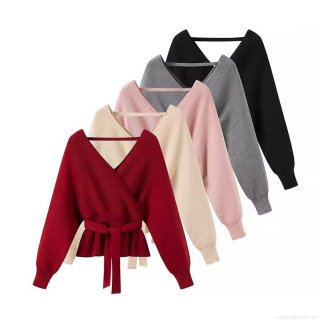 Women's V Neck Cross Wrap Knit Sweater Tie-Up Waist Peplum Hem Long Sleeve Solid Ribbed Cardigan Top For Daily Party Streetwear Fashion Soft Polyester Knitted Pullover