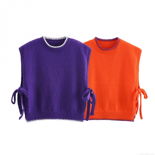 Women Fashion Knitted Vest Sleeveless Round Neck Contrast Trim Side Lace-Up Knit Waistcoat Pullover Sweater Tank Top for Spring Autumn Casual Streetwear