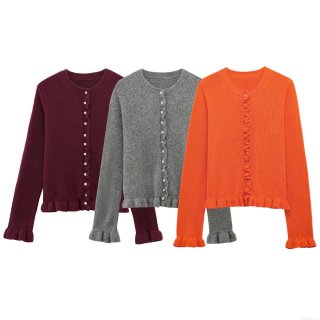 Women's Ruffle Trim Knit Cardigan Slim Fit Long Sleeve Button Down Sweater Top Solid Color Fashion Streetwear Knitwear For Women Spring Autumn