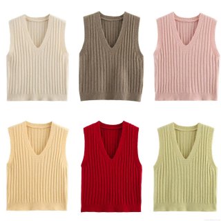 Women's Chic V Neck Knit Vest Sleeveless Ribbed Sweater Top Candy Color Slim Fit Pullover Knitwear For Casual Daily Streetwear