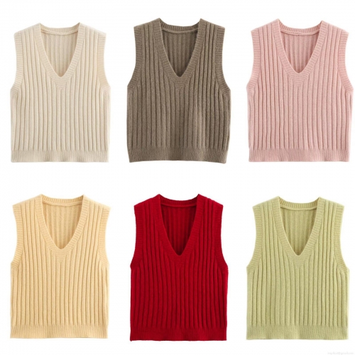 Women's Chic V Neck Knit Vest Sleeveless Ribbed Sweater Top Candy Color Slim Fit Pullover Knitwear For Casual Daily Streetwear