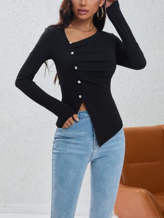 Women's Asymmetric Neckline Knit Top Slim Fit Ribbed Long Sleeve Shirt With Decorative Metal Buttons Elegant Solid Color Polyester Spandex Pullover For Autumn Winter Casual Streetwear