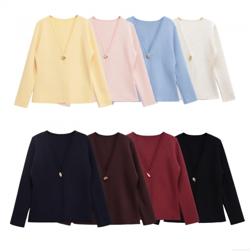 Women's V-Neck Knitted Cardigan Casual Long Sleeve Knit Outerwear Top with Single Gold Button Elegant Solid Color Sweaters for Autumn
