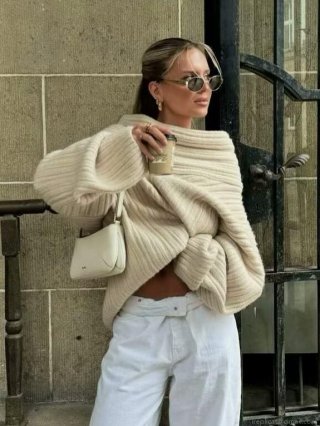 Women's Off-Shoulder Knit Sweater 100% Polyester Vertical Ribbed Long Sleeve Pullover Loose Fit Drop Shoulder Casual Daily Streetwear Oversized Jumper