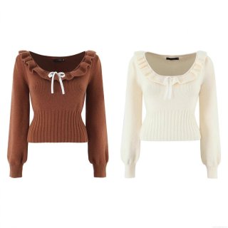 Women's Knit Sweater Ruffle Collar Bow Tie Slim Fit Long Sleeve Pullover Top Polyester French Vintage Style Jumper for Women Casual Soft Knitted Clothing