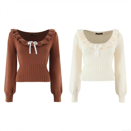 Women's Knit Sweater Ruffle Collar Bow Tie Slim Fit Long Sleeve Pullover Top Polyester French Vintage Style Jumper for Women Casual Soft Knitted Clothing