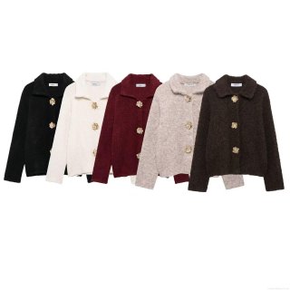Women's Lapel Long Sleeve Knit Cardigan Jacket Vintage Metal Flower Button Fuzzy Sweater Outerwear Casual Autumn Winter Tops