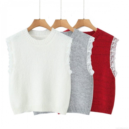 Women's Round Neck Knit Vest Sleeveless Waistcoat With Elegant White Lace Trim Patchwork Casual Autumn Pullover Sweater Vest For Women Elegant Streetwear Top