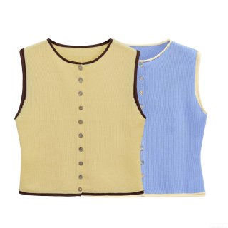 Women Retro Contrast Trim Knitted Vest Casual Round Neck Single Breasted Sleeveless Sweater Top Waistcoat Streetwear For Autumn Lady