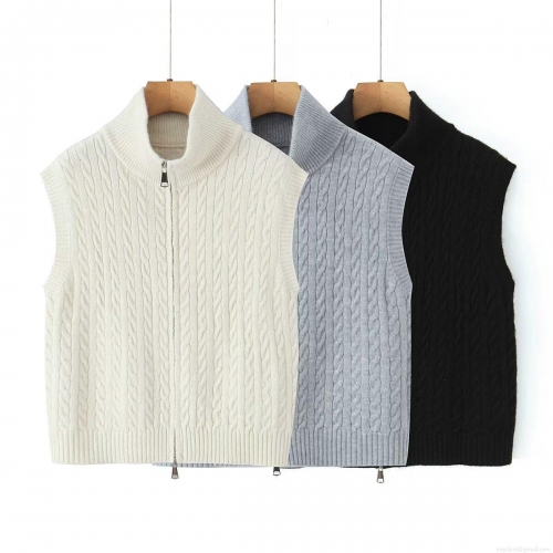 Women Cable Knit Vest Zipper Stand Collar Sleeveless Polyester Knitted Sweater Top Streetwear Casual Autumn Winter Outerwear