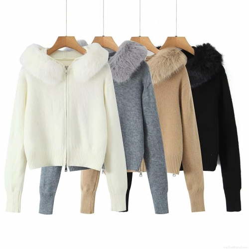 Women's Faux Fur Collar Hooded Knit Cardigan Sweater Jacket Zip Up Long Sleeve Loose Casual Winter Outerwear Warm Knitwear