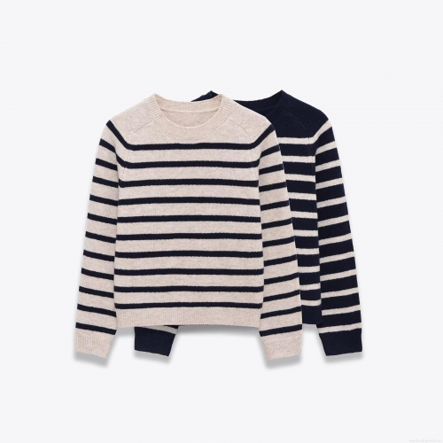 Women's Western Style Striped Sweater Polyester Knit Round Neck Long Raglan Sleeve Contrast Color Loose Fit Pullover Knitwear Top For Daily Streetwear