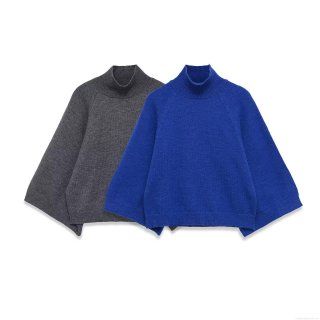 Women's High Neck Knitted Sweater Loose Raglan Wide Sleeve Pullover Solid Color Polyester Top for Autumn Winter Casual Streetwear Ladies