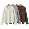 Women's Polyester Nylon Wool Blend Long Sleeve Pullover Sweater With Lapel Collar Lace-up Design Knitted Jumper For Autumn Winter