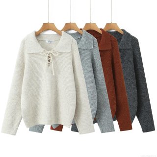 Women's Polyester Nylon Wool Blend Long Sleeve Pullover Sweater With Lapel Collar Lace-up Design Knitted Jumper For Autumn Winter