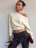 Women Sexy Off Shoulder Long Sleeve Knit Top Acrylic Rayon Polyester Blend Slim Fit Crop Sweater Streetwear Ribbed Pullover For Ladies