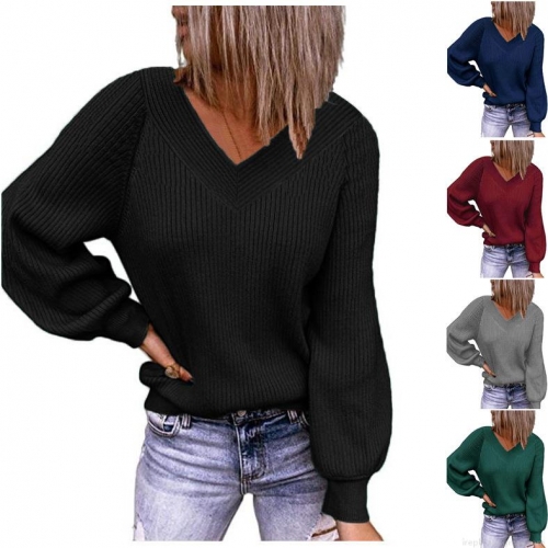 Women's V-Neck Ribbed Knit Sweater Lantern Sleeve Loose Pullover Autumn Winter Casual Polyester Cotton Blend Solid Color Jumper Plus Size