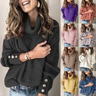 Women's Turtleneck Knit Sweater Polypropylene Cotton Blend Long Sleeve Ribbed Pullover Top With Decorative Metal Button Cuffs Casual Autumn Winter Streetwear Jumper