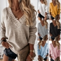 Women's Loose V-Neck Knitwear Sweater Pullover Long Sleeve Acrylic Cotton Blend Solid Color Jumper Top For Autumn Winter Casual Daily Commute