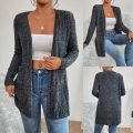 Women's Casual Ribbed Open Front Knit Cardigan With Pockets Loose Fit Long Sleeve Solid Gray Sweater For Fall Winter Daily Wear