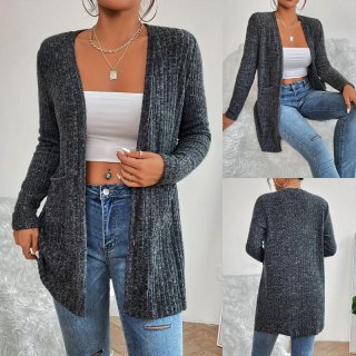 Women's Casual Ribbed Open Front Knit Cardigan With Pockets Loose Fit Long Sleeve Solid Gray Sweater For Fall Winter Daily Wear