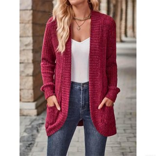 Women's Casual Knit Cardigan Open Front Long Sleeve Ribbed Sweater Jacket With Pockets Solid Color Vintage Outerwear For Fall Winter