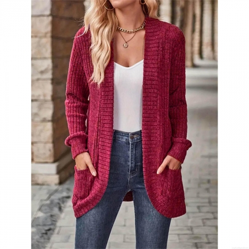 Women's Casual Knit Cardigan Open Front Long Sleeve Ribbed Sweater Jacket With Pockets Solid Color Vintage Outerwear For Fall Winter