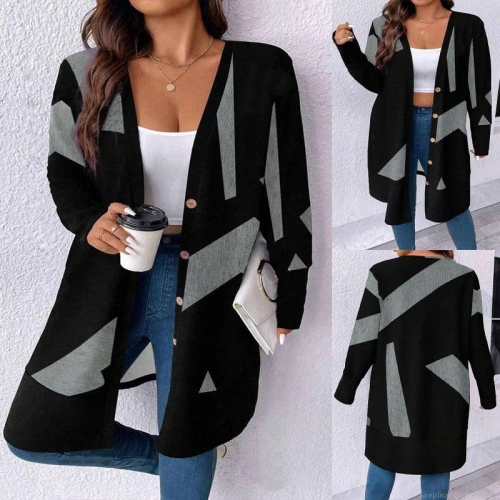 Women's Long Knit Cardigan Coat Polyester Spandex Geometric Star Print Button Down Casual Loose Fit Open Front Sweater For Autumn Winter